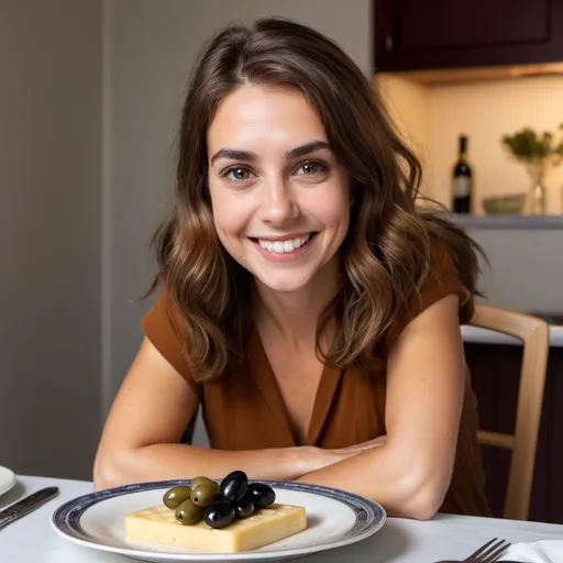 Prompt: A brown hair women with hazel eyes, smiling, sitting at a table with a plate of olives and cheese