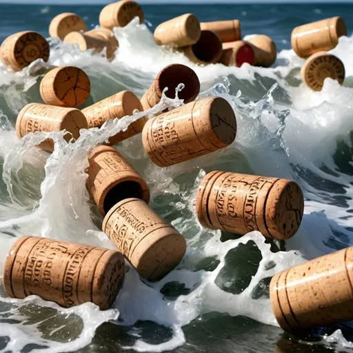 Prompt: Show 10 corks bobbing on a rough sea, each one separated by water, some higher than others, riding on waves, some more in the trough of a wave 
