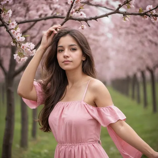 Prompt: mujer joven, cabello castaño, largo, vestido rosa, brazos abiertos, girando,  flores cerezo cayendo