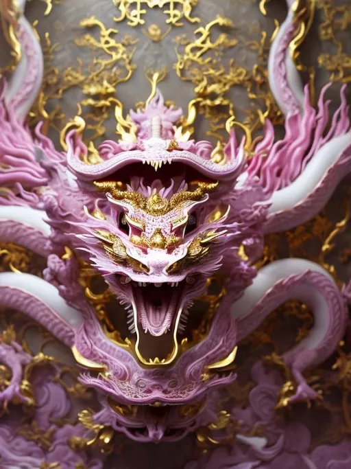 Prompt: Grand scene of a pink and white porcelain dragon, intricate tin foil gold detailing, C4D rendering, surrealism, meticulous design, asymmetrical balance, movie lighting, 32K ultra high definition, fine details, color correction, 9:16 aspect ratio, surreal, porcelain dragon, tin foil gold, meticulous, asymmetrical balance, grand scene, C4D rendering, movie lighting, ultra high definition, fine details, surrealism