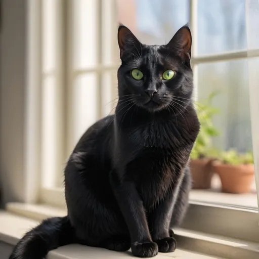 Prompt: A beautiful green-eyed black cat, Bombay breed sitting looking at the camera with sunlight beans coming in from a window
