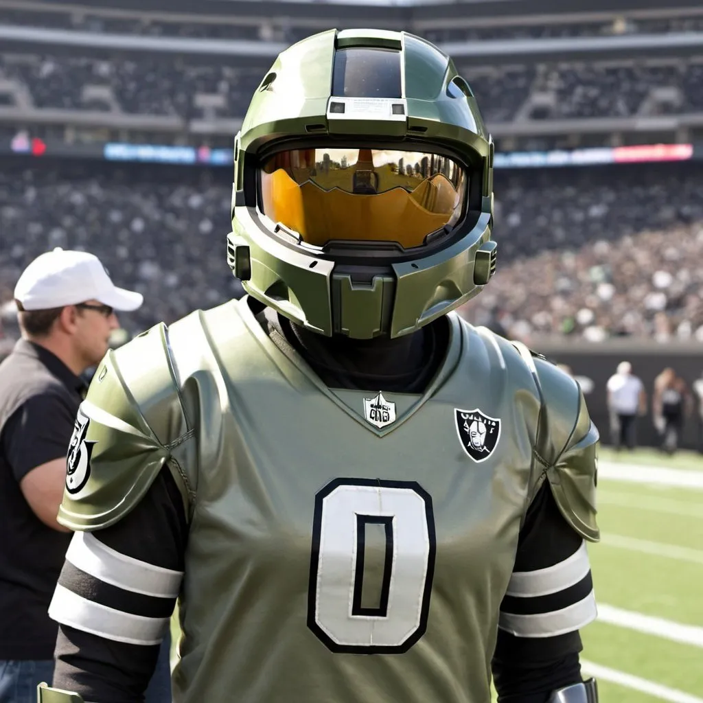 Prompt: Masterchief at a football raiders game and he's wearing a raiders t-shirt