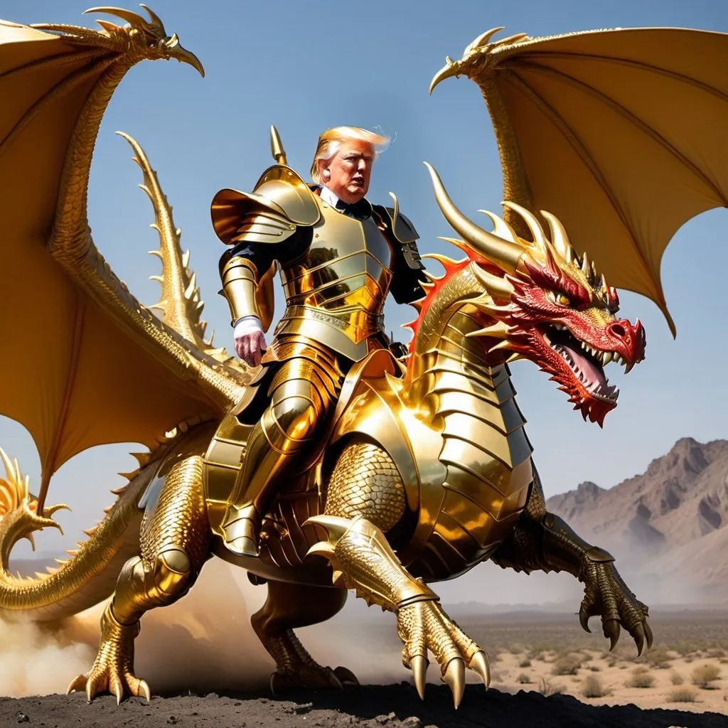 Prompt: Donald Trump wearing golden shiny armor riding a fire dragon into battle