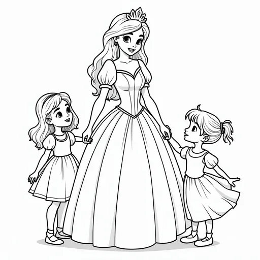 Prompt: Coloring picture for kids depicting a princess  with two little girls and a little boy