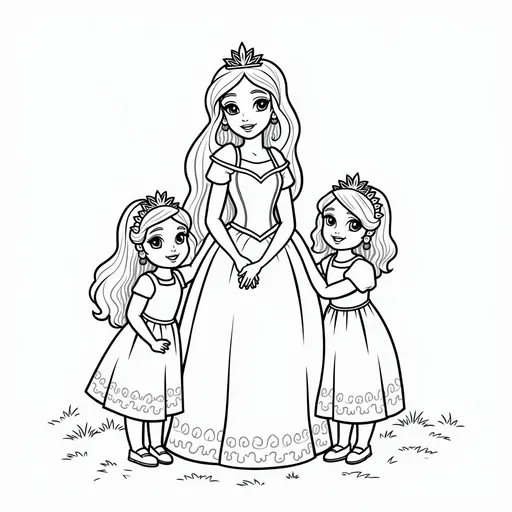 Prompt: Coloring picture for kids depicting a princess with two little girls