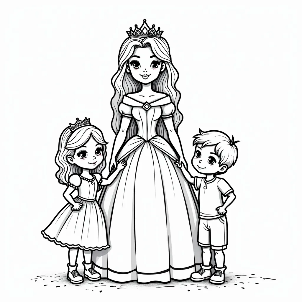 Prompt: Coloring picture for kids depicting a princess with a little girl and a little boy