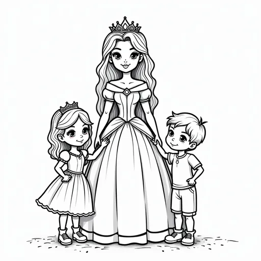 Prompt: Coloring picture for kids depicting a princess with a little girl and a little boy