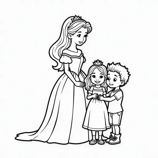 Prompt: Coloring picture for kids depicting a princess with a little girl and a little boy