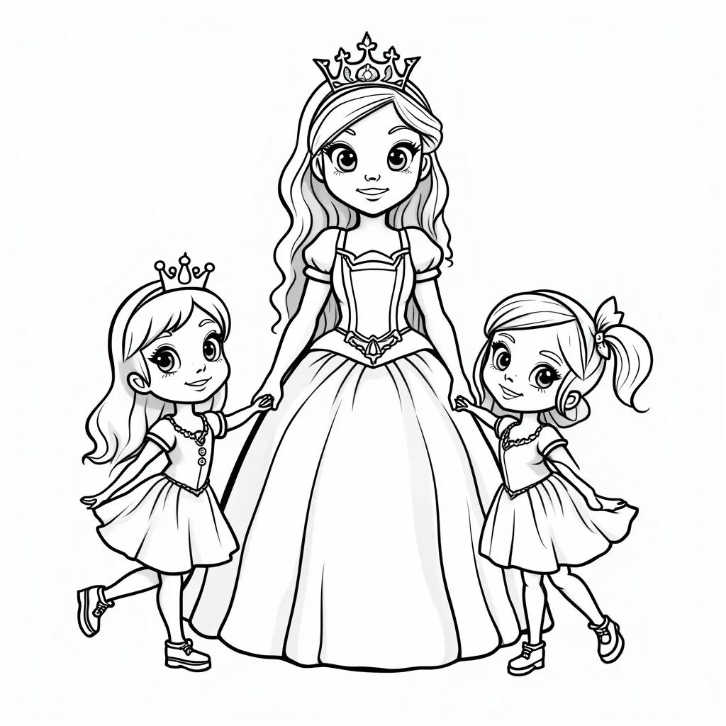 Prompt: Coloring picture for kids depicting a princess with two little girls