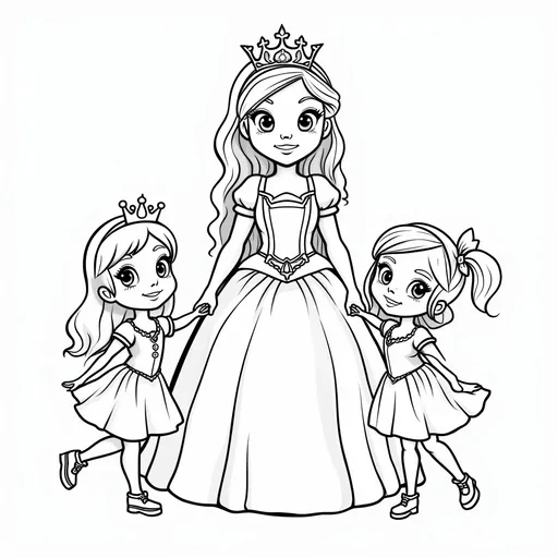 Prompt: Coloring picture for kids depicting a princess with two little girls