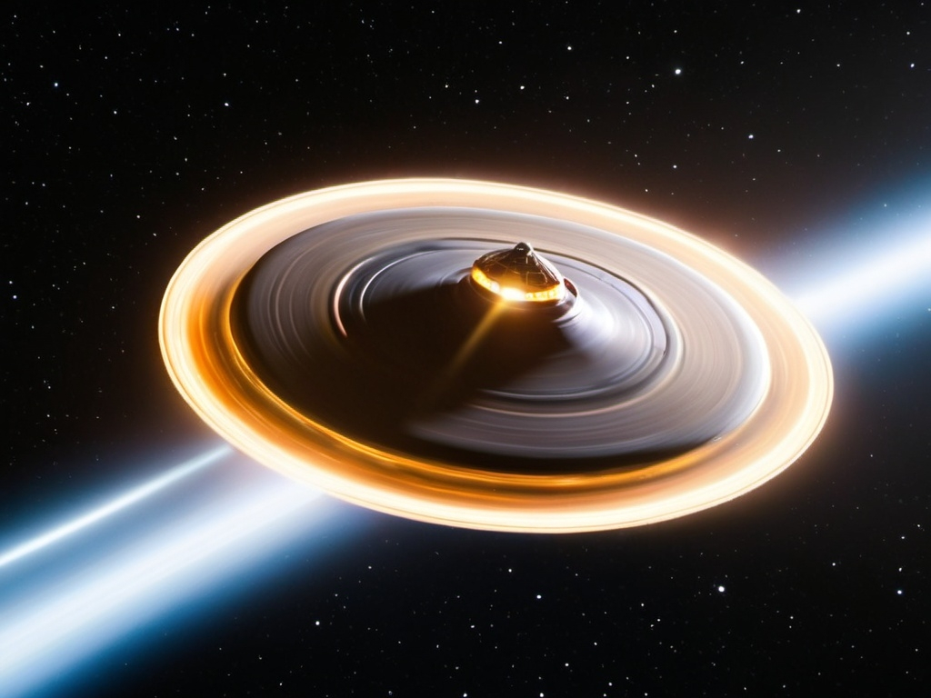 Prompt: a disc spaceship flying through emty space with warp speed