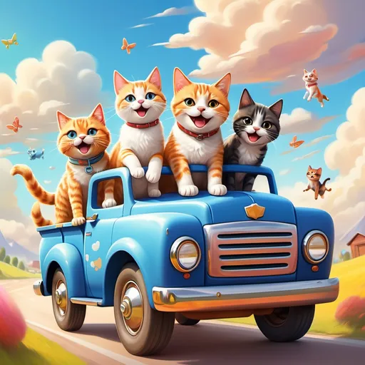 Prompt: (ultra-detailed image) A cheerful dog and cat driving a truck, filled with joyful cats and dogs, vibrant colors, engaging expressions, playful atmosphere, charming scene, sunny background, soft clouds, playful pets waving, whimsical tone, rich details, high-quality rendering, vivid and heartwarming, expressive faces and postures of animals.