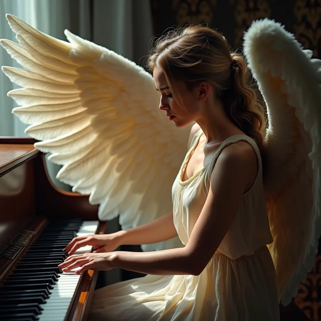 Prompt: female angel playing piano
