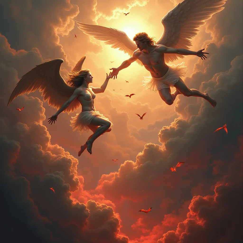 Prompt: A Bleeding Heaven with angels and demons flying
