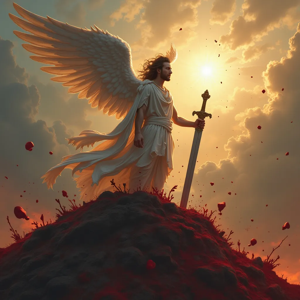 Prompt: male Angel with sword on a bloody hill