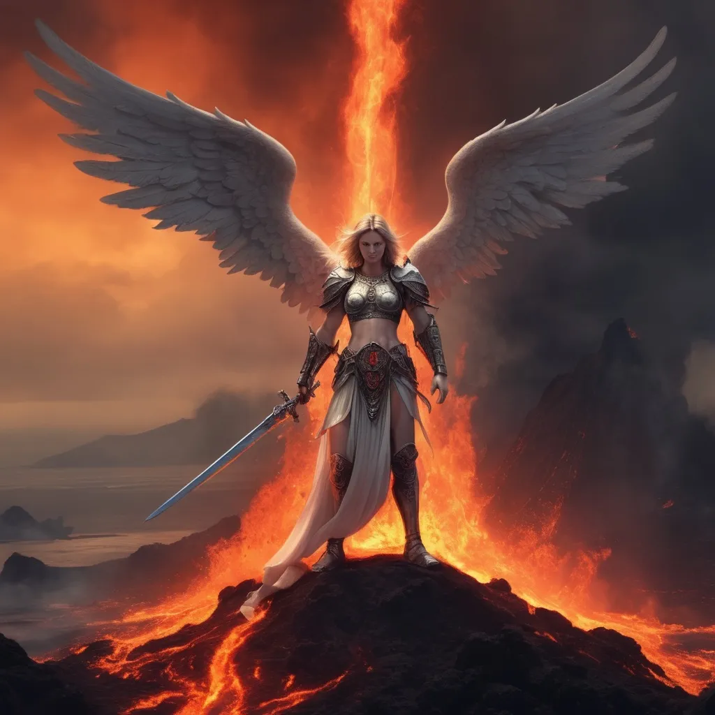 Prompt: An ANgel with sword standing on a hill over Hell burning with lava Seas 
