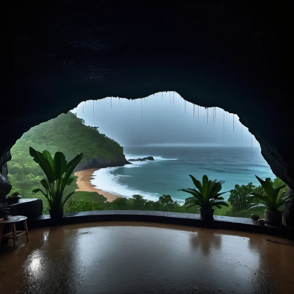 Prompt: rainy night no people cozy looking from cave home onto tropics ocean