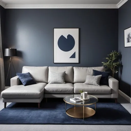 Prompt: Create an image of a lounge with light grey walls and light grey carpet. In the corner of the room there’s a black L shaped leather sofa, which sits on a navy blue rug. On the rug there’s a round glass coffee table 