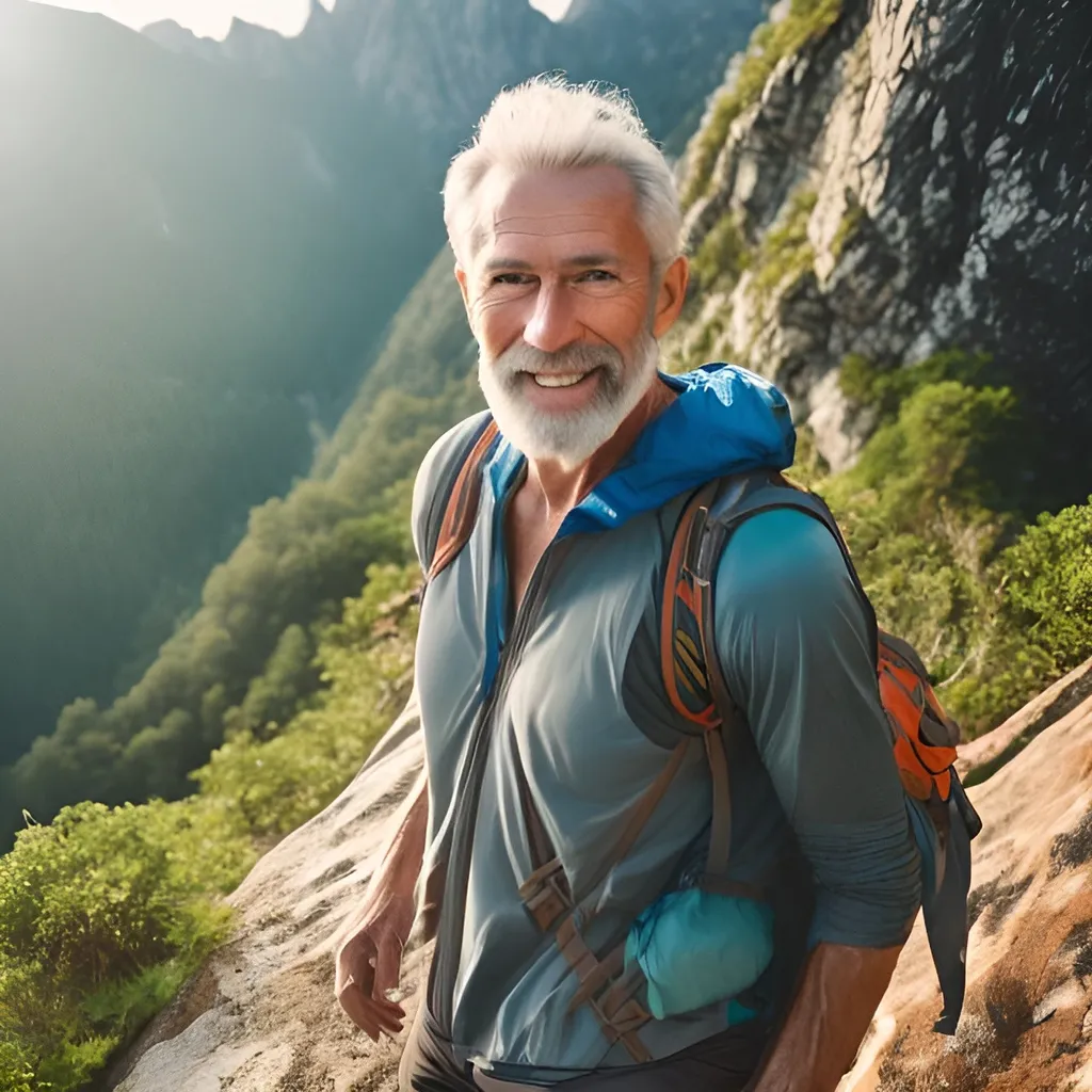 Prompt: Generate a hyper photo-realistic image of a very fit man in his 60s with a very short beard wearing hiking clothing on the top of a mountain shot using Kodak 400 film