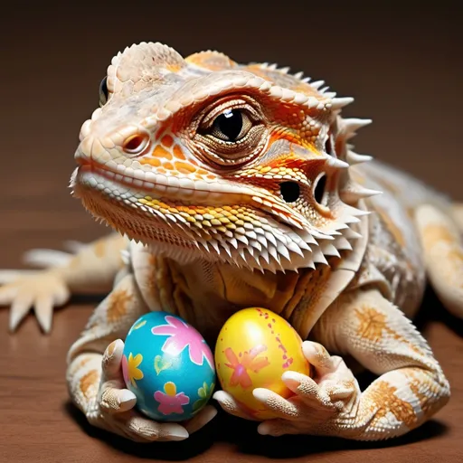 Prompt: Photorealistic illustration of a happy bearded dragon with a little Easter bunny toy, detailed scales and fur, lifelike textures, warm lighting, high quality, photorealism, detailed eyes, adorable, cute, realistic
