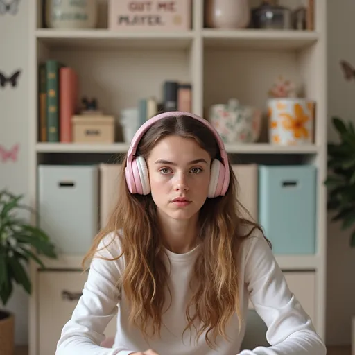 Prompt: In a cozy indoor setting characterized by a light and airy color palette, a young woman with long, wavy, light brown hair sits in front of a neatly arranged shelf filled with books and various organizational containers. She wears pink headphones, suggesting she's engaged with music or a digital device, while her expression appears thoughtful and somewhat serious. The backdrop features soft lighting creating a calm atmosphere, accentuated by a few decorative elements like plants and butterfly patterns on the wall, hinting at a personal space that feels both inviting and reflective of her personality. The composition captures a moment of quiet focus amidst a lively yet organized environment.