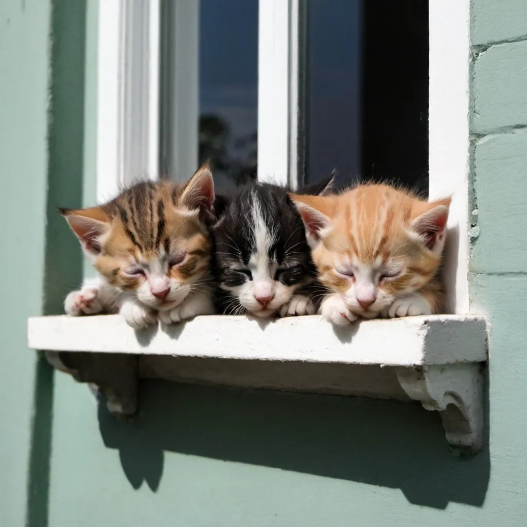 Prompt: kittens asleep on a window ledge