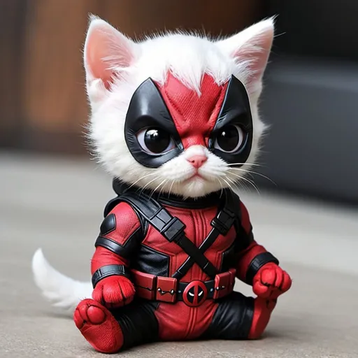 Prompt: Imagine Deadpool with the adorable features of a kitten, complete with a tiny mask and playful attitude.