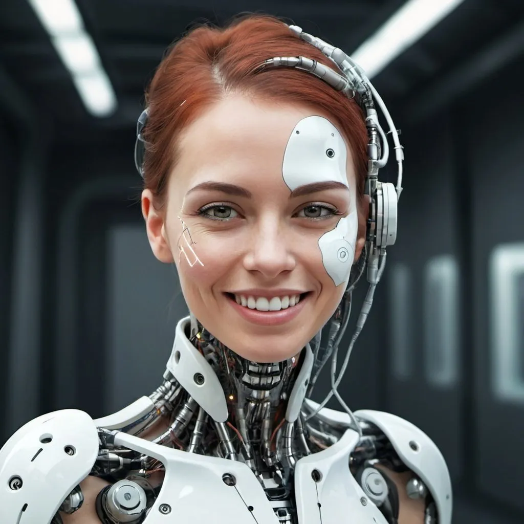 Prompt:  Portrait of a smiling cyborg woman, peaceful, digital art.
