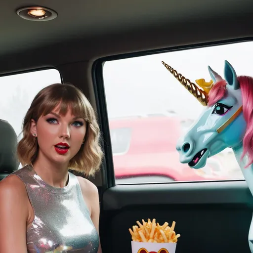 Prompt: Taylor Swift, sitting in a car, looking out the window, with travis kelce staring at her with loving eyes, on a unicorn, taylor swift is a mcdonalds worker, and travis works at wendys
