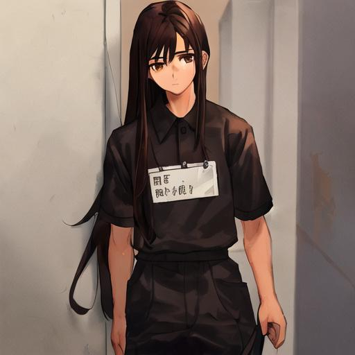 Prompt: Janitor clothing, long dark brown hair, dark brown eyes, male, little small in height, Adult looking