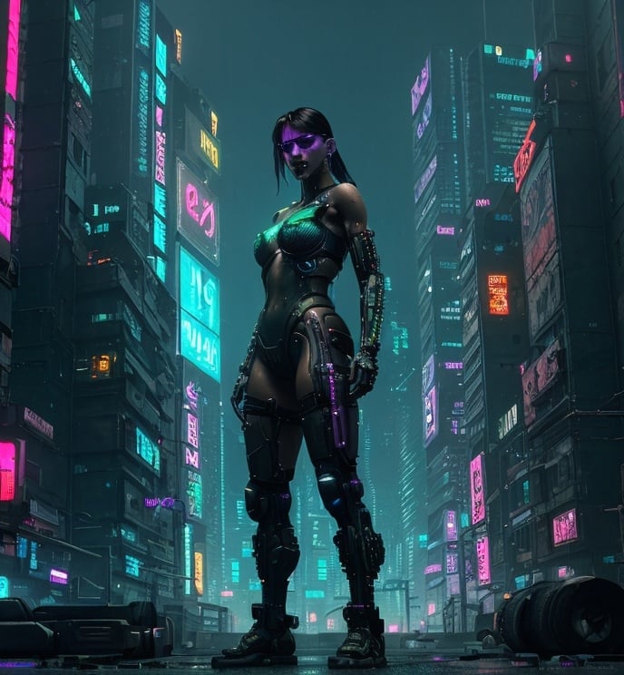 Prompt: Cyberpunk cityscape with diverse characters, neon-lit urban setting, futuristic technology, detailed cybernetic enhancements, highres, gritty cyberpunk style, neon tones, dramatic lighting, diverse characters, futuristic fashion, advanced cybernetic implants, crowded city streets, dystopian atmosphere