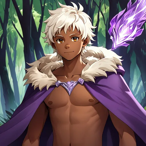 Prompt: A boy with short white shaggy hair and light brown skin, contrasting a striking purple cloak featuring a fur-lined hood. He wears no shirt. Adventurous and happy appearance, emphasize his youthful features and the bold color of the cloak against his skin tone. High on character detail, focus on the cloak with fur lining, outdoor-inspired demeanor, elemental-lighting, a dynamic yet confident pose, full-body composition, ensuring a realistic art style with ultra-detailed quality.