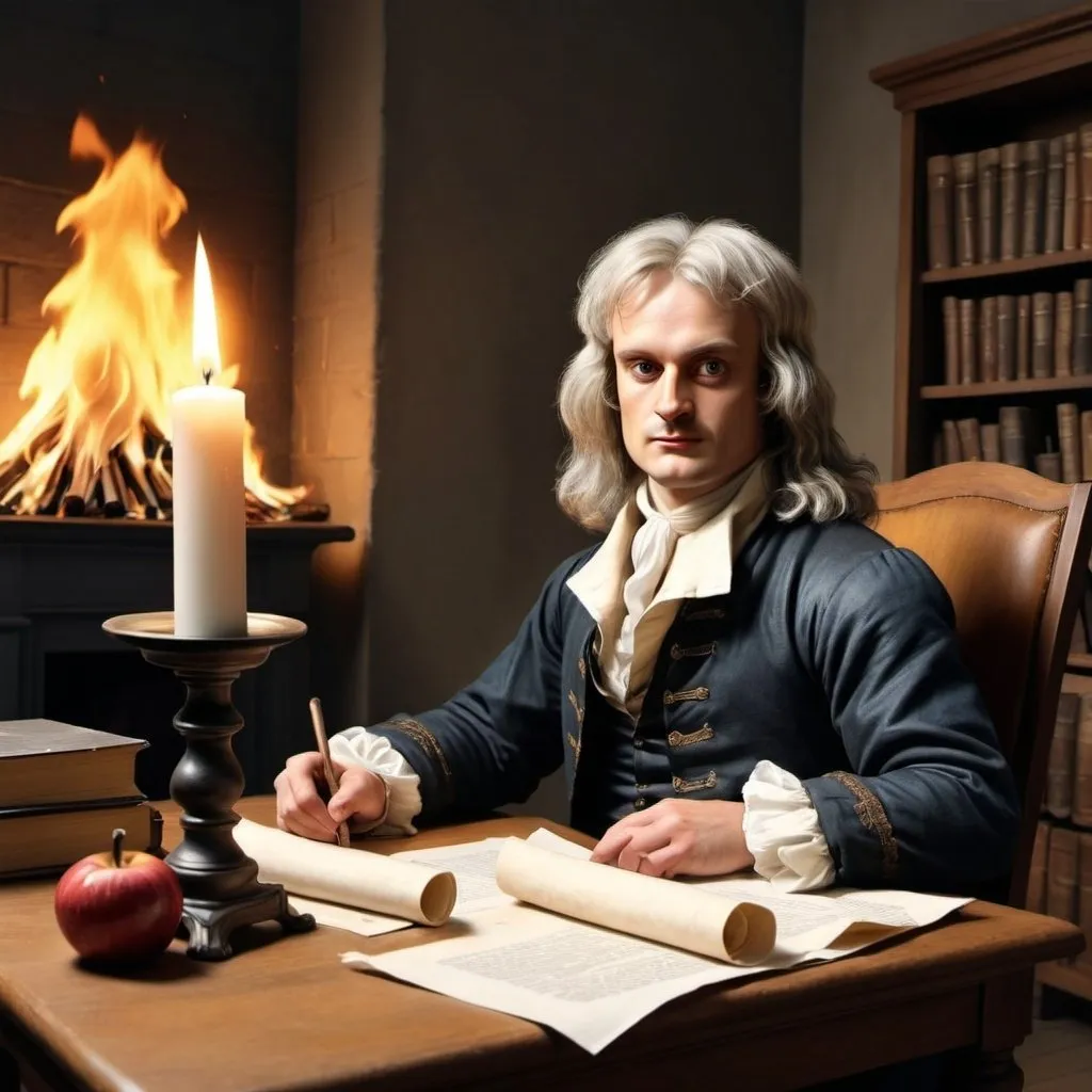 Prompt:  create a clipart of Sir Isaac Newton getting up from the chair and leaving the room, dog also wants to leave, the burning candle fell on the papers and caught fire