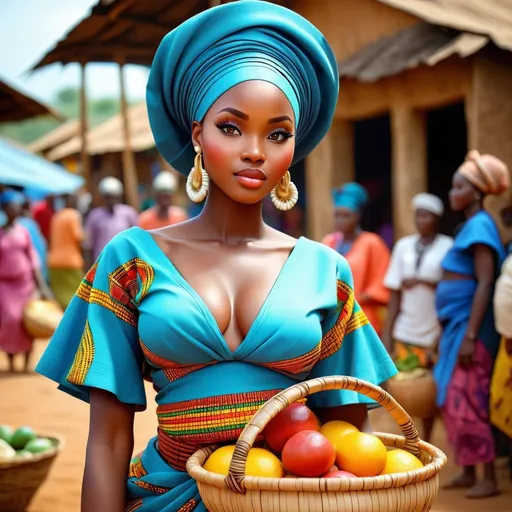 Prompt: A beautiful african woman from the Yoruba tribe in Nigeria. She is wearing vibrant traditional attire, in a village market, she has low cut hair, very beautiful and gorgeous, she is volumicious, standing looking at the villagers in the market. she is carrying a traditional basket in her hands. the image is to be ultra realistic digital art