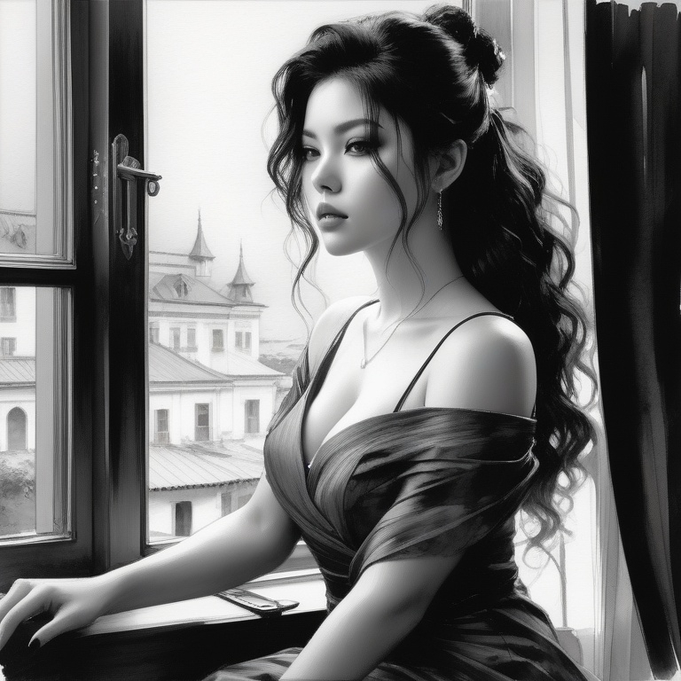 Prompt: sketch; Maki jujutsu kaisen concept art by Pino Daeni, Jeremy Mann, (Greg Rutkowski:1.3), Konstantin Razumov, Vladimir Volegov;(black and white pencil sketch graphic:1.5); Stunning candid black and white pencil sketch of a Beautiful woman; Amy Lee 20 years old, black color hair; sitting in a bay window; (looking out of the window:1.5); night time, insanely detailed, long gorgeous dress, (Watercolor:1.7), beautiful, long dark wavy curly hair, dark colors, black and white pencil graphics; detailed matte painting"