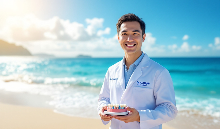 Prompt: Hình ảnh 3: Nha sĩ trình bày mô hình implant trên bãi biển Nha Trang
 • Mô tả chi tiết:
Hình ảnh khắc họa một nha sĩ mặc áo blouse trắng, đứng trên bãi cát mịn của bãi biển Nha Trang, tay cầm một mô hình implant All-on-4 hoặc All-on-6. Mô hình implant được tái hiện rõ ràng với các trụ kim loại, đầu nối màu xanh, nướu hồng, và bộ răng trắng tinh khôi, nổi bật trên nền cát vàng óng ánh. Nha sĩ mỉm cười, tạo cảm giác thân thiện và chuyên nghiệp.
Phông nền: Biển xanh trong vắt của Nha Trang trải dài phía sau, với những con sóng nhẹ nhàng vỗ vào bờ. Bầu trời trong xanh không một gợn mây, kết hợp với ánh sáng ấm áp từ mặt trời, tạo ra một không gian thư giãn và vui vẻ.
Từ “Esculape”: Được tích hợp một cách nghệ thuật vào cảnh, có thể viết trên cát với kiểu chữ lớn, màu trắng viền xanh, hoặc xuất hiện trên bầu trời như những đám mây xếp thành chữ, mang lại sự sáng tạo và hòa hợp với vẻ đẹp tự nhiên của bãi biển.
 • Không khí: Bình yên, thư giãn, và tràn đầy cảm hứng, kết hợp giữa y khoa và thiên nhiên tuyệt đẹp.

Tóm tắt chung
 • Độ phân giải: Cả ba hình ảnh đều đạt chuẩn 8K, đảm bảo độ sắc nét và chi tiết cao.
 • Yếu tố chính: Mô hình implant All-on-4 hoặc All-on-6 được tái hiện chân thực, kết hợp với hình ảnh nha sĩ (trừ hình 1 chỉ có mô hình hàm).
 • Phông nền: Các địa danh nổi tiếng của Việt Nam (Vịnh Hạ Long, Nhà thờ Đức Bà Sài Gòn, bãi biển Nha Trang) được lồng ghép sống động, phù hợp với yêu cầu của từng prompt.
 • Từ “Esculape”: Luôn nổi bật phía sau, với kiểu chữ 3D hoặc embossed, được tích hợp sáng tạo và hài hòa với bối cảnh.
 • Ánh sáng: Sử dụng ánh sáng tự nhiên ban ngày, tạo bóng đổ mềm mại, mang lại không khí tích cực và ấm áp.