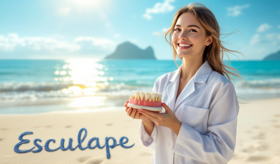Prompt: Prompt:
“Produce an 8K ultra-sharp image of a dentist presenting an All-on-4 or All-on-6 dental implant model against the backdrop of Nha Trang’s beautiful beach. The dentist, dressed in a white coat and holding the implant model, stands on the sandy shore with the turquoise sea and clear blue sky behind. The implant model should be clearly visible, with the screw-like implants, blue abutments, and realistic teeth. The scene should exude a sense of relaxation and joy, with the sunlight casting a warm glow over the entire setting. The word ‘Esculape’ should be artistically incorporated into the scene, perhaps written in the sand or floating in the sky as cloud formations, making it stand out yet harmonious with the natural beauty.”