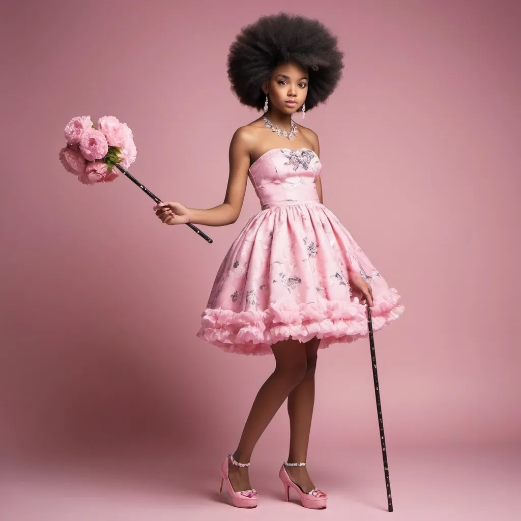 Prompt: a black 18 year old teen girl with a huge afro in a puff in a short strapless pink lolita style ankara dress with a pink slipper heels holding a white walking stick decorated with pink flowers and a diamond floating on top of it 