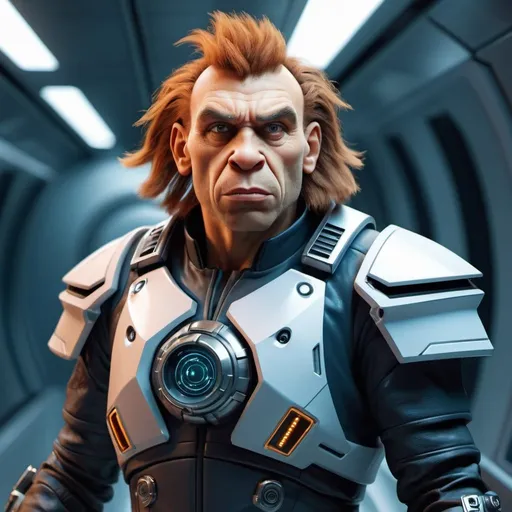 Prompt: futuristic neanderthal, he is dressed with futurist clothes, he is a futurist pirate, He has a blaster in his hands. He has shaved hairstyle.