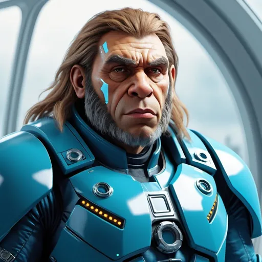 Prompt: futuristic neanderthal, he is dressed with futurist clothes, he is a science-fiction space marine