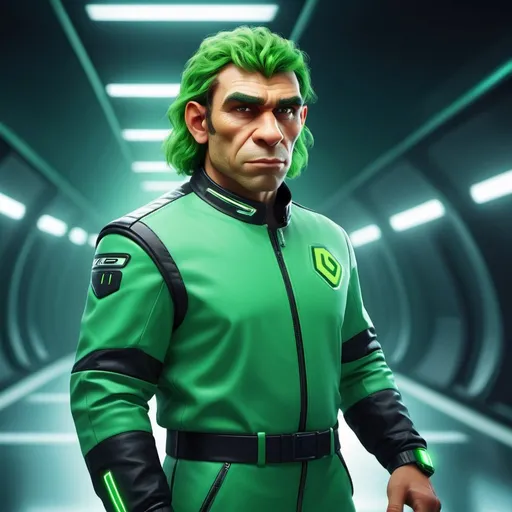 Prompt: futuristic neanderthal, he is dressed with futurist clothes, he is a future racing driver, He has fade hair hairstyle, He has green hair, he has short hair, He has hairy moustache, good ilumination.