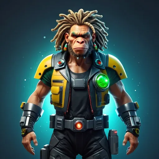 Prompt: futuristic neanderthal, he is dressed with futurist clothes, he is a space pirate, He has a blaster in his hands. He has rasta hairstyle.