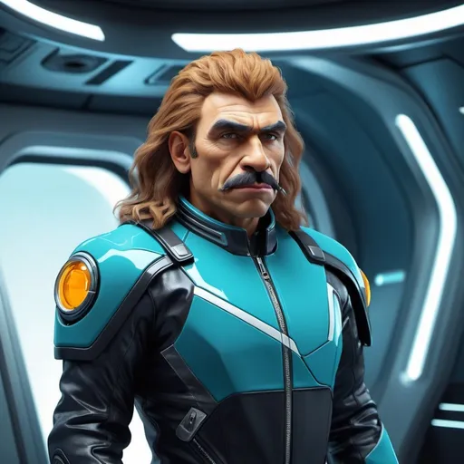 Prompt: futuristic neanderthal, he is dressed with futurist clothes, he is a space driver, He has shaven hair hairstyle. He has motorbiker moustache.
