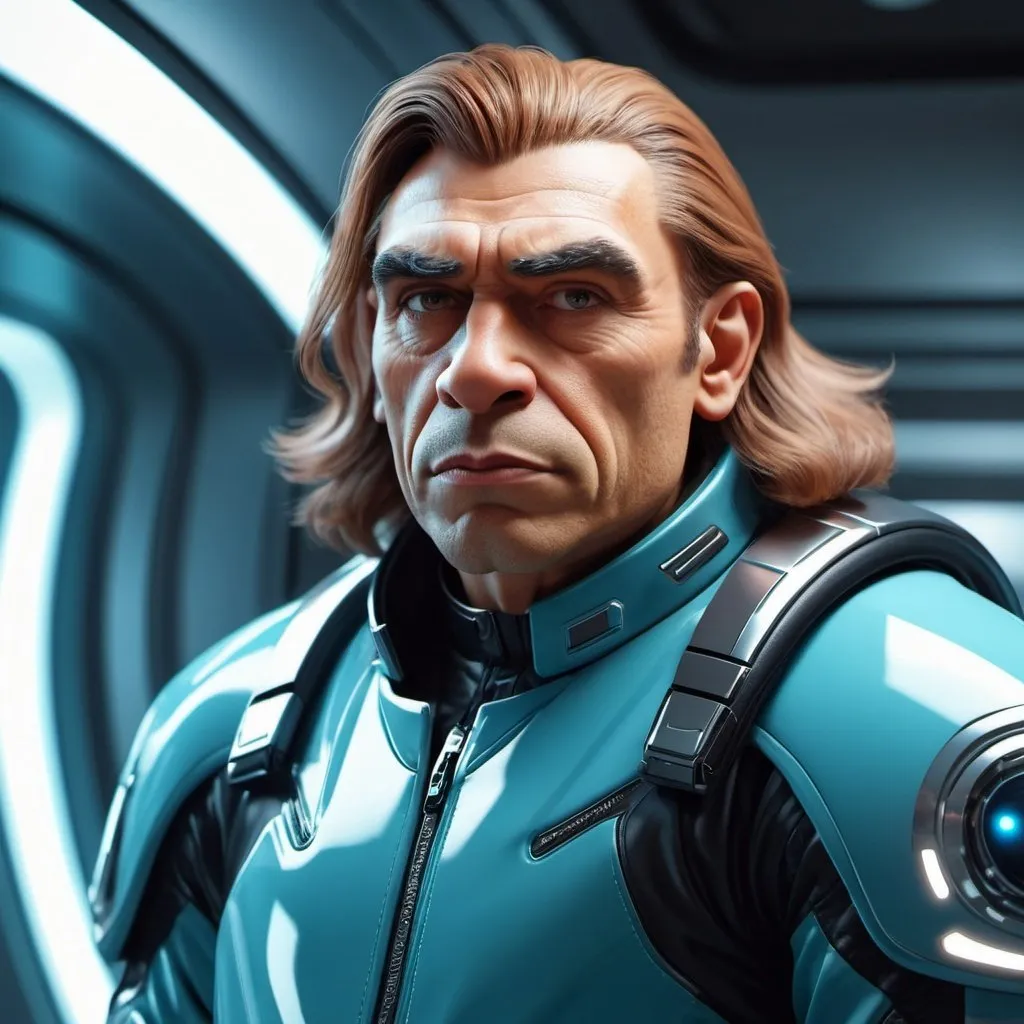 Prompt: futuristic neanderthal, he is dressed with futurist clothes, he is a space driver, He has shaven hair hairstyle. He has motorbiker moustache.