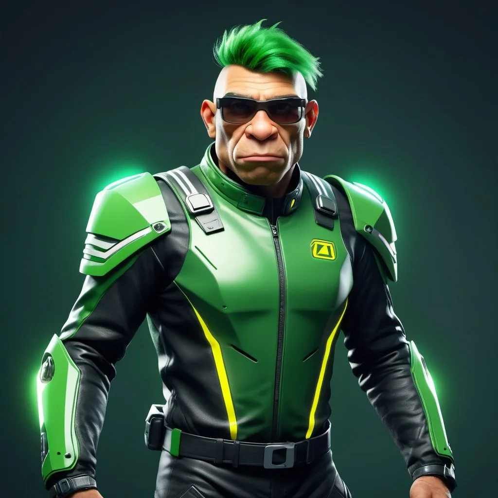 Prompt: futuristic neanderthal, he is dressed with futurist clothes, he is a future racing driver, he dress like a future punky biker, He has fade hair hairstyle, He has green hair, he has short hair, He has hairy moustache, good ilumination.