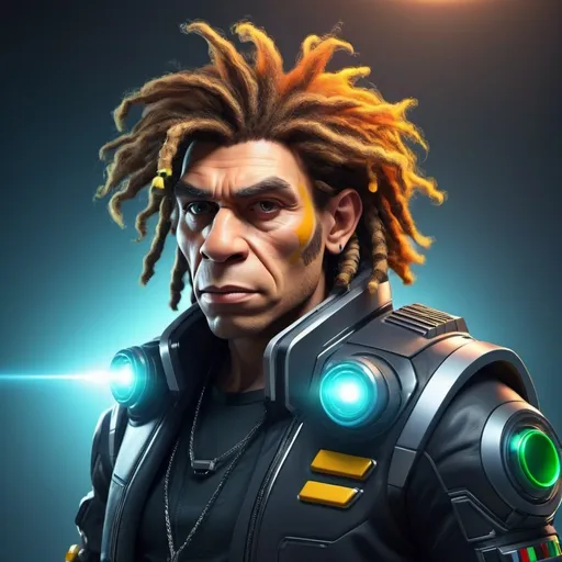 Prompt: futuristic neanderthal, he is dressed with futurist clothes, he is a science-fiction space pirate, He has a blaster in his hands. He has rasta hairstyle.