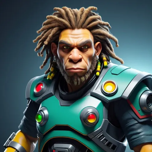 Prompt: futuristic neanderthal, he is dressed with futurist clothes, he is a space pirate, He has a blaster in his hands. He has rasta hairstyle.