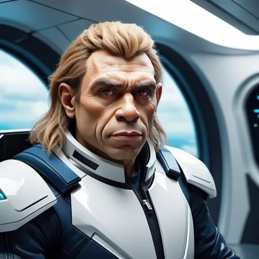 Prompt: futuristic neanderthal, he is dressed with futurist clothes, he is a spaceship driver, He has shaven hairstyle.