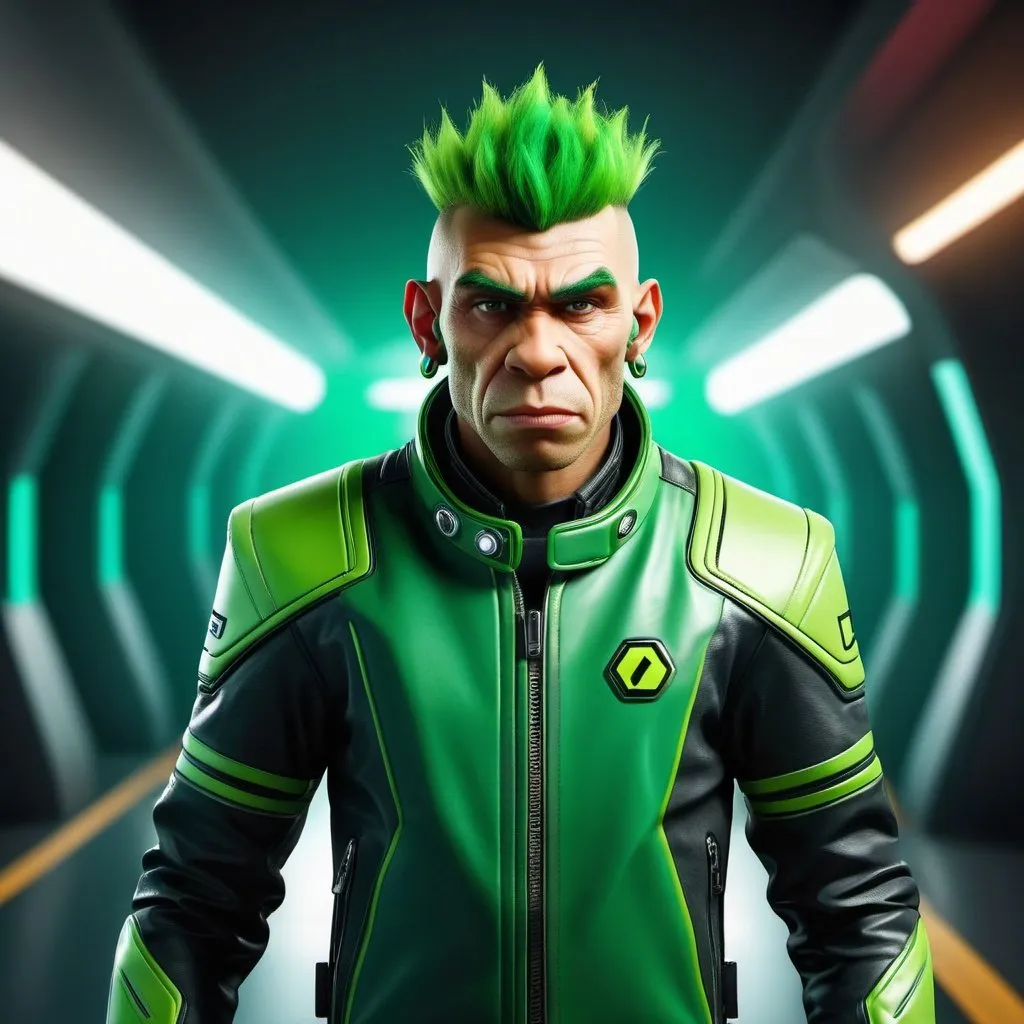 Prompt: futuristic neanderthal, he is dressed with futurist clothes, he is a future racing driver, he dress like a future punky biker, He has fade hair hairstyle, He has green hair, he has short hair, He has hairy moustache, good ilumination.