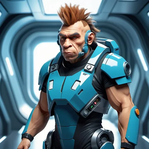 Prompt: futuristic neanderthal, he is dressed with futurist clothes, he is a science-fiction space soldier, He has a blaster in his hands. He has mowhawk hairstyle.